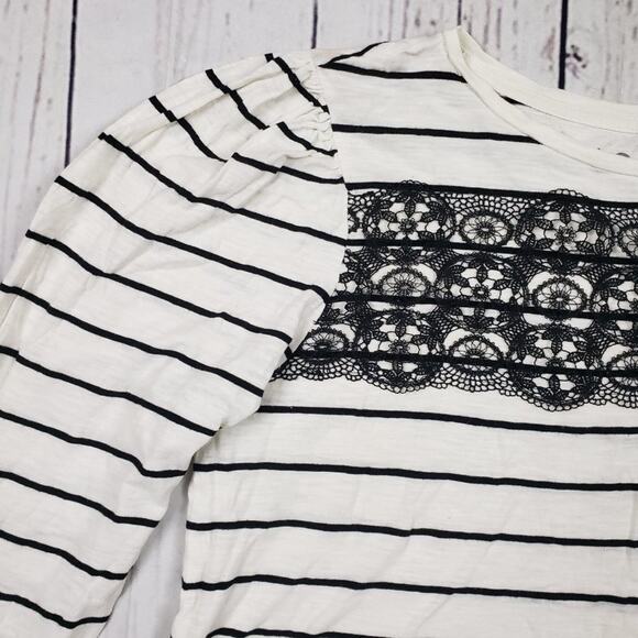 LOFT Lightweight Knit Burnout White Black Striped Lace Tee Women's Size Medium - Picture 4 of 12